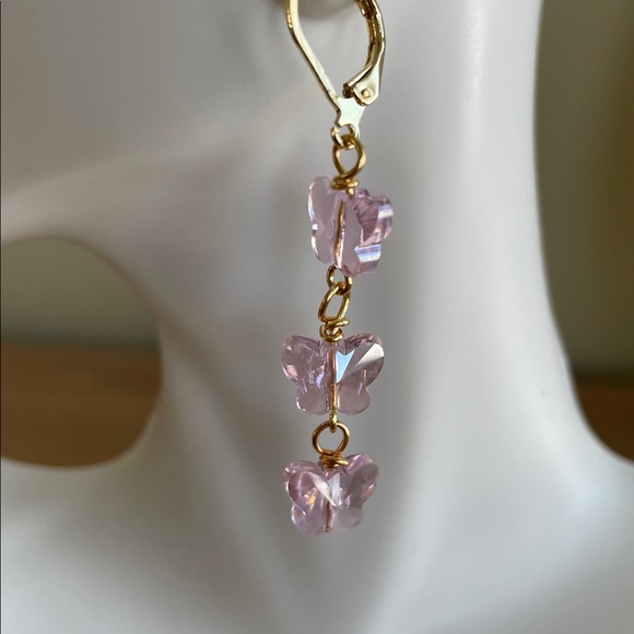 Hand Crafted Jewelry - HAND CRAFTED PINK CRYSTAL BUTTERFLY EARRINGS